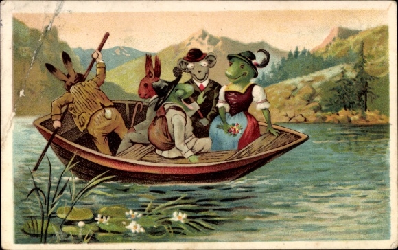 Chromo-Litho animals in the boat, rabbit, squirrel, frogs