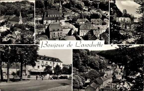 Postcard Larochette Fels Luxembourg, view of many houses, trees, church, view of the village