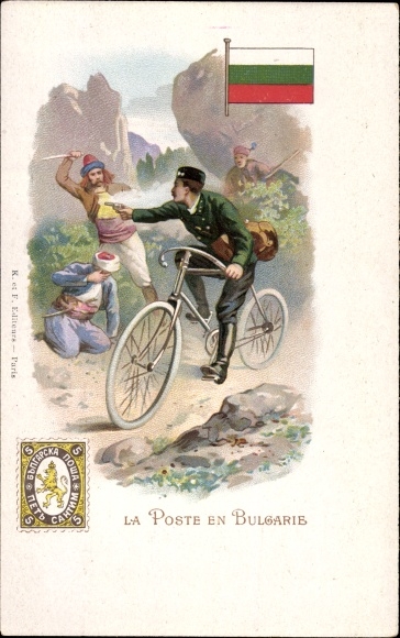 Postage stamps Chromo-Litho Bulgaria, La Poste en Bulgarie, postman on bicycle with gun, national costumes