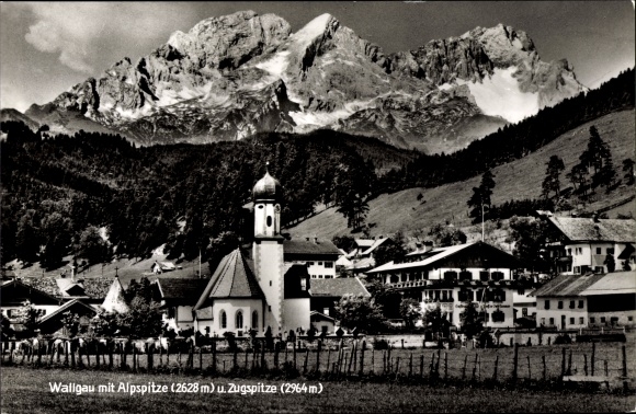Postcard Wallgau Upper Bavaria, Alpspitze, Zugspitze, church