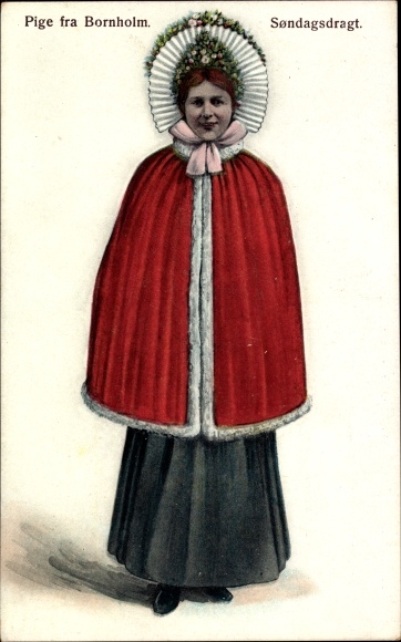 Postcard Bornholm, Woman in Danish costume, folk costume, baskets