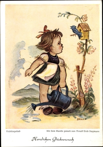 Künstler Ak Stegmann, A. E., Frühlingslied, Mädchen, Singender Vogel