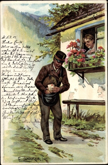 Kunstenaar litho Döcker, E., postbode brengt een brief, vrouw bij het raam