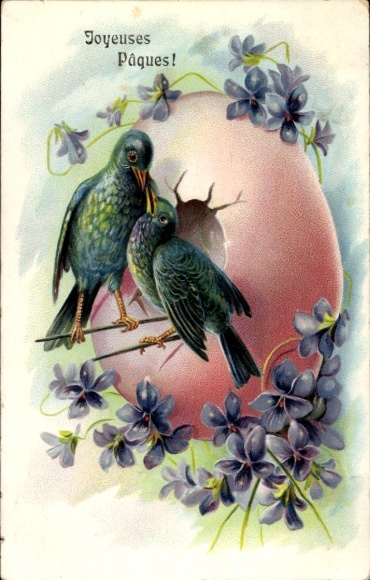Greeting card Easter, egg, birds, violets