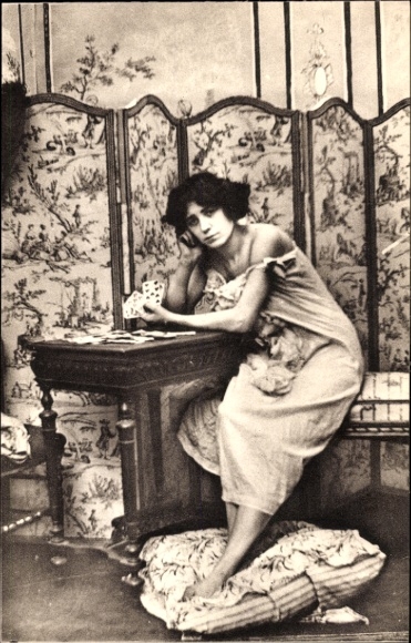 Postcard Parisiennes fin de siecle, woman in underwear, pillow, playing cards