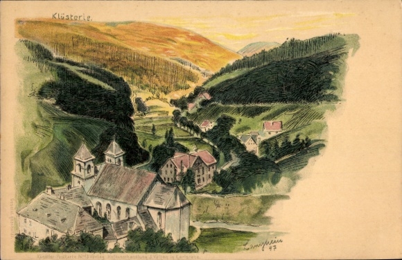 Kunstenaar litho Langheim, Bad Rippoldsau Schapbach in het Zwarte Woud, Klösterle