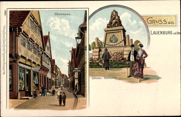 Chromo-Litho Lauenburg on the Elbe in Schleswig Holstein, lot in the Elbstraße, Lützow monument