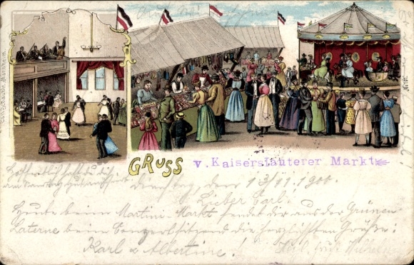 Litho Kaiserslautern, Kaiserslauterer Markt, Festplatz, Tanzsaal, Karussell