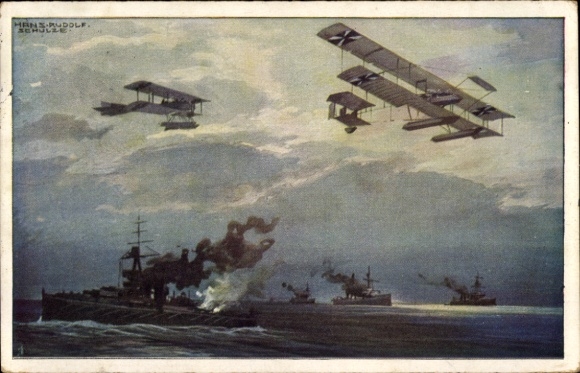Künstler Ak Schulze, Hans Rudolf, Wasserflugzeuge über der englischen Flotte, I. WK