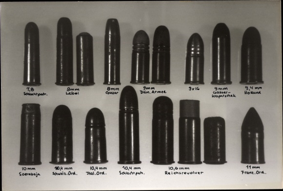 Photo ammunition, cartridges, 9mm Danish Army, 10.4mm Switzerland. Ord., Ital. Ord., 10.6 mm Reichsrevolver