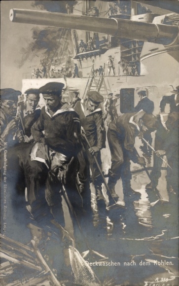 Künstler Ak Schwormstädt, Deckwaschen nach dem Kohlen, Schlachtkreuzer, Seeleute, Kaiserliche Marine