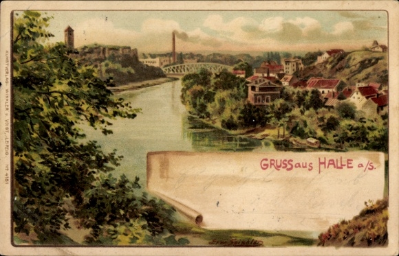 Artist Chromo-Litho Spindler, Halle an der Saale, view of the town, bridge, river
