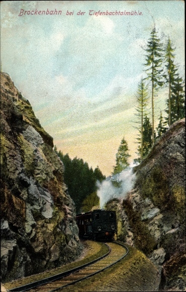 Ak Brocken Nationalpark Harz, Brockenbahn bei der Tiefenbachtalmühle, Dampflok