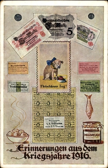 Postcard memories from the war year 1916, meatless day, fish, jam, reference card