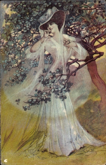 Jugendstil Ak Dame im weißen Kleid, blühender Baum