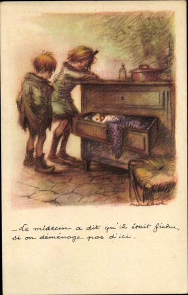 Artist Postcard Poulbot, Franciscque, Children, Baby sleeping in a drawer