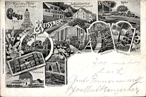 litho Meißner in Hessen, Schwalbenthal, uitkijktoren Kasseler-Kuppe, kalf, veestal, toevluchtsoord
