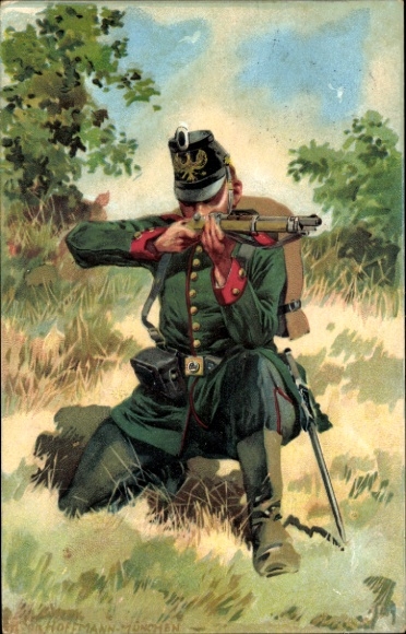 Kunstenaar litho Hoffmann, A., Duitse soldaat, Garde Jäger Regt. 7, munitiegordel, geweer