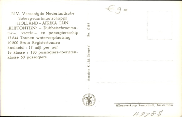 Postcard ship Klipfontein, Holland West Africa Lijn, HWAL