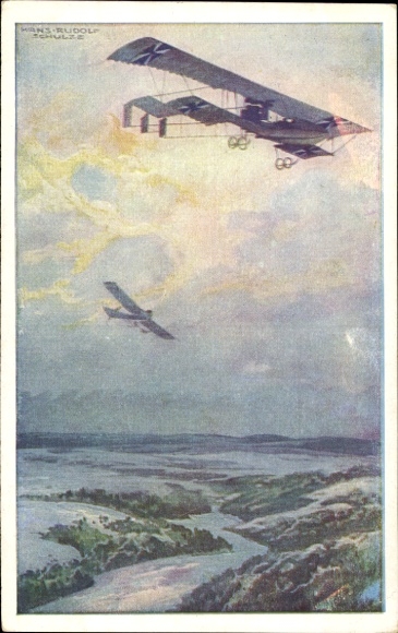 Artist Postcard Schulze, Hans Rudolf, Military biplane on reconnaissance mission over the Argonne Forest