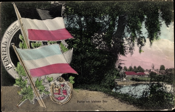 Postcard Reinfeld in Holstein, on the small lake, flags, coat of arms