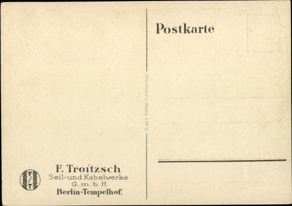 Artist Postcard Lüdke, E., Berlin Tempelhof, rope and cable works F. Troitzsch, transmission