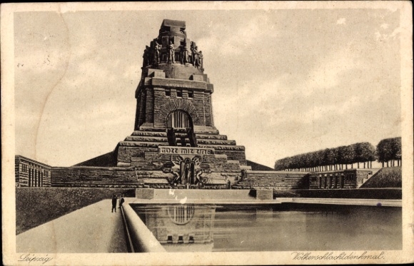 Ak Leipzig, Tolkerschlachtdenkmal, Wasserfläche, Bäume, Leipzig