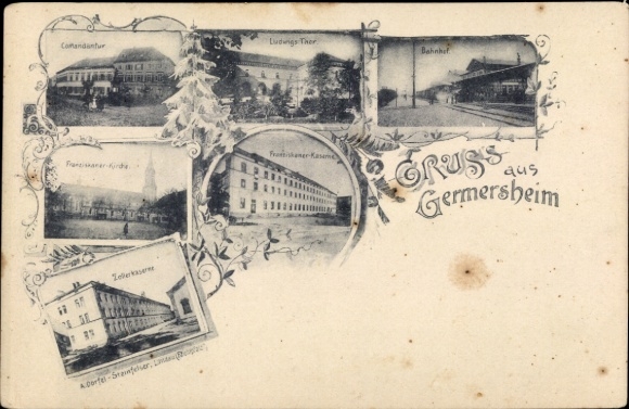 Ak Germersheim am Rhein, Bahnhof, Gleisseite, Ludwigstor, Kommandantur, Kaserne