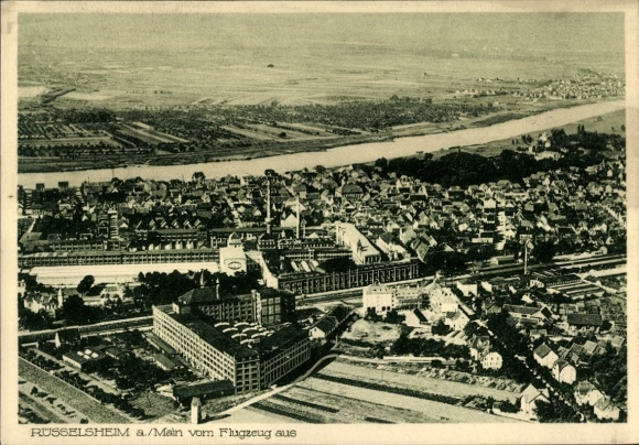 Postcard Rüsselsheim am Main Hesse, aerial photo, view from the airplane, city view, industrial building