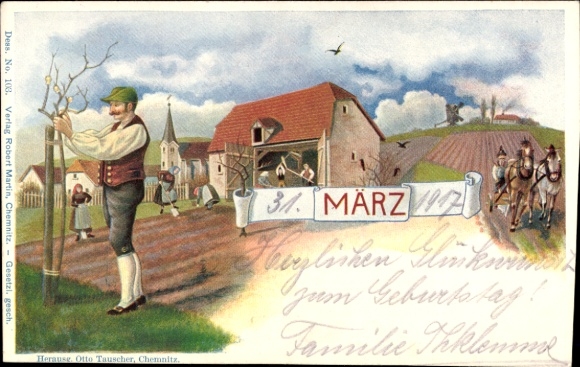 Chromo-Litho Allegory Month of March, Farmers plowing the fields, Tree care