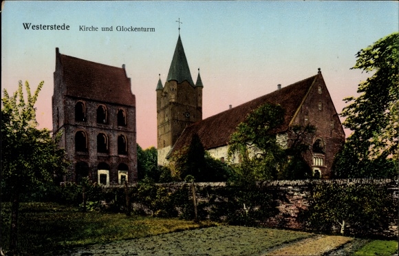 Illuminated window Postcard Westerstede in the district of Ammerland, church and bell tower