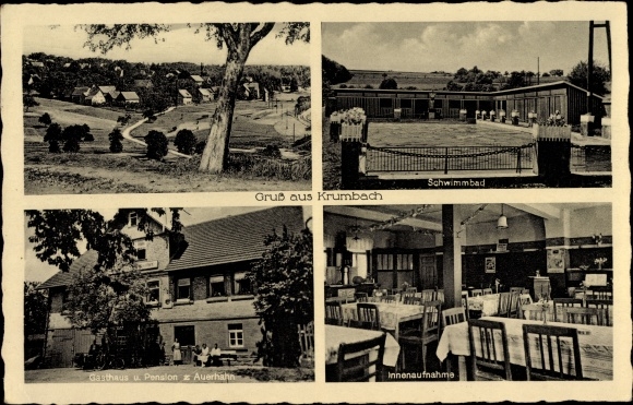 Postcard Krumbach Limbach in Baden, Gasthof Pension zum Auerhahn, swimming pool, local panorama