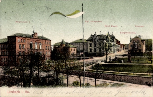 Ak Limbach Oberfrohna Sachsen, Bürgerschule I, Amtsgericht, Hotel Hirsch, Kriegerdenkmal, Diakonat