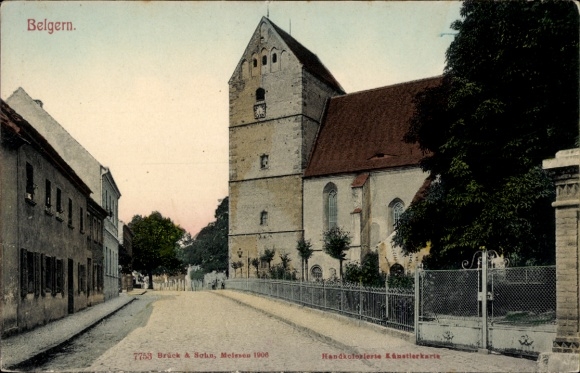 Postcard Belgern in Saxony, street with trees, church, building