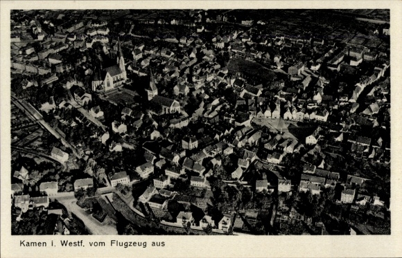 Postcard Kamen in Westphalia, aerial photograph of houses, streets, church, black and white
