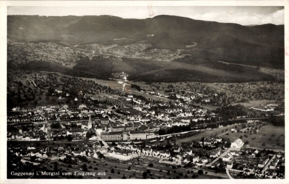 Postcard Gaggenau in the Murgtal Black Forest, aerial view of Murgtal, mountains in the background, no people