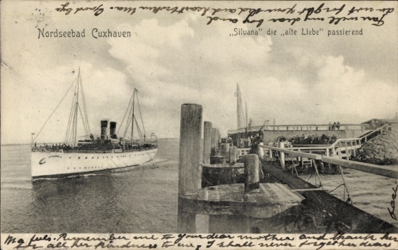 Postcard North Sea resort Cuxhaven, steamer Silvana passing the old love