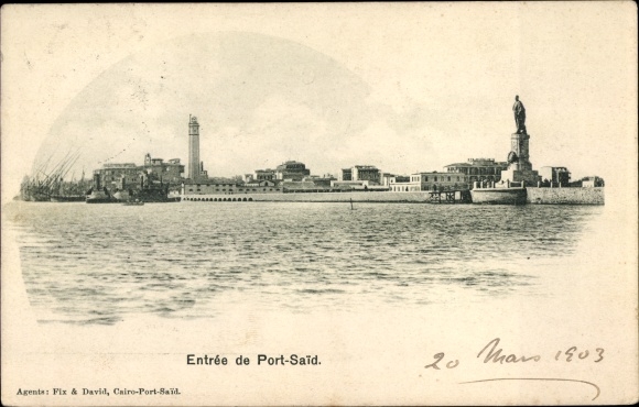 Ak Port Said Ägypten, Hafeneingang, Leuchtturm, Statue