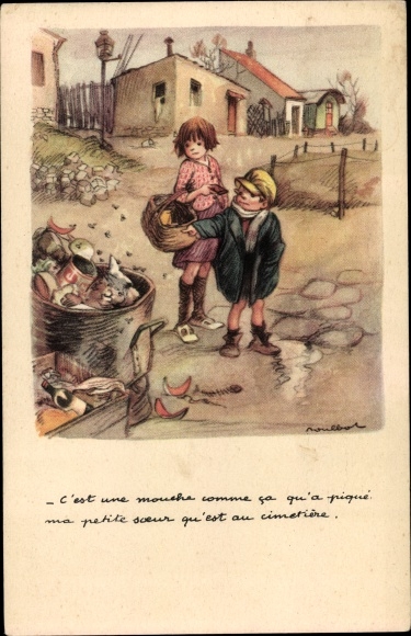 Artist PC Poulbot, Francisque, Ligue Nationale contre le Taudis, children, dustbin, flies