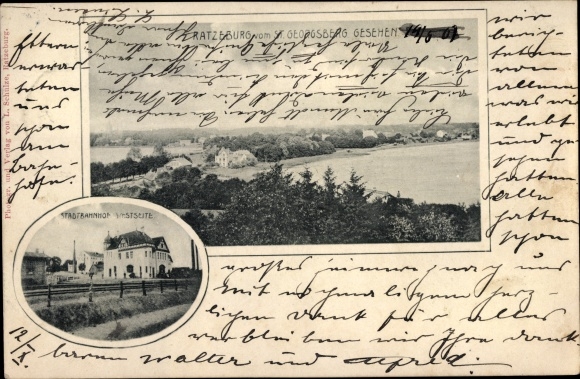 Ak Ratzeburg im Herzogtum Lauenburg, Blick vom St. Georgsberg, Stadtbahnhof
