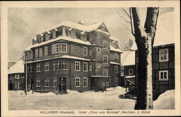 Postcard Willingen Upland in Hesse, Hotel prince von Waldeck, winter view