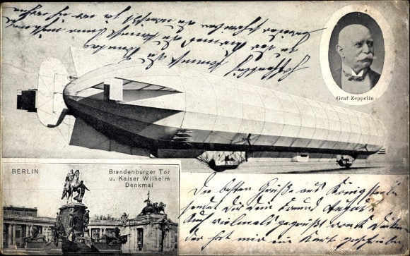 Postcard Berlin Mitte, Brandenburg Gate, Kaiser Wilhelm Monument, Graf Zeppelin