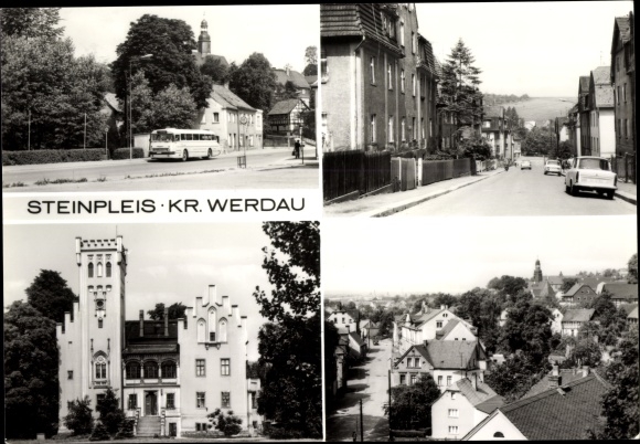 Postcard Steinpleis Werdau in Saxony, town views, bus, car, tower
