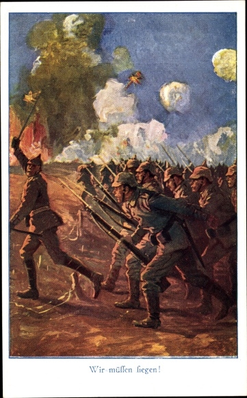Artist Postcard We must win, German soldiers in uniform, battle scene