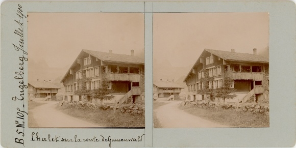 Stereo photo Zieblen Engelberg Kt. Obwalden Switzerland, chalet, street area, 1900