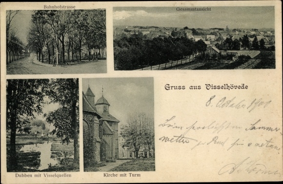 Postcard Visselhövede in Lower Saxony, Bahnhofstrasse, overall view, Dubben with Visselquellen, church