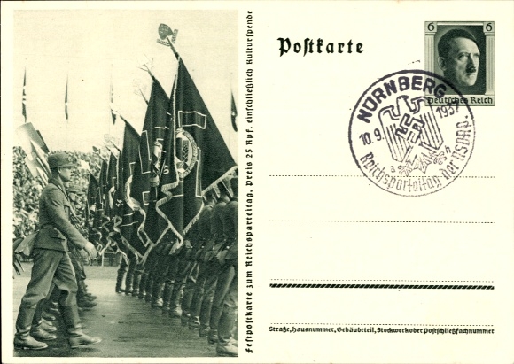 Postal stationery Postcard Nuremberg, Reich Party Rally 1937, Reich Labor Service, Workers, RAD March