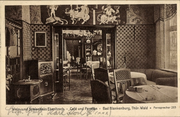 Ak Bad Blankenburg in Thüringen, Café und Pension Eberitzsch, gemütliches Interieur, Tischdekorat