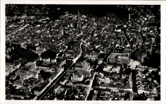 Postcard Freiburg im Breisgau, aerial view of Freiburg, buildings, church, city view