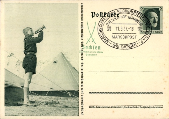 Postal stationery Postcard HJ Pimpf blows the roll call, tent camp, Reich Party Rally 1937